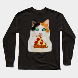 Cat Eating Pizza, Funny Pizza Lover Long Sleeve T-Shirt